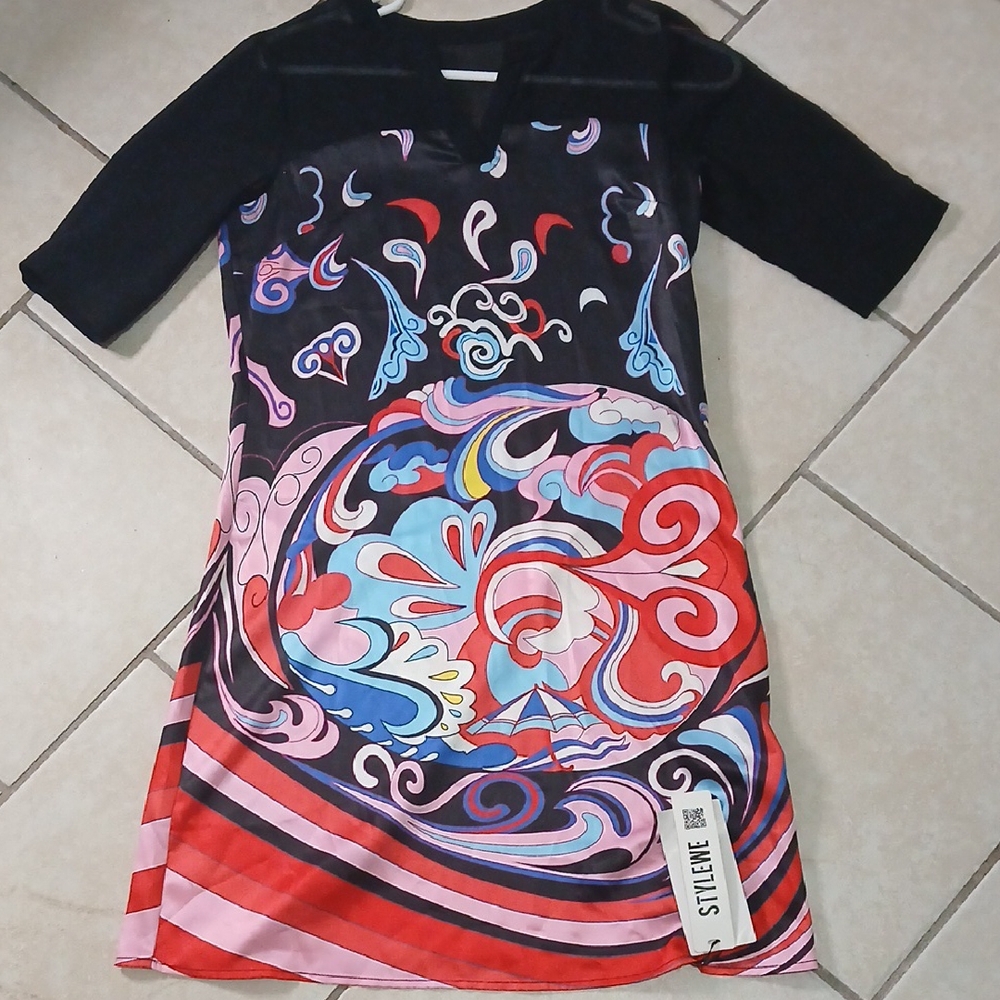 STYLEWE Womens Size S Black & Pink Silk & Sheer Sleeved Mini Dress NWT